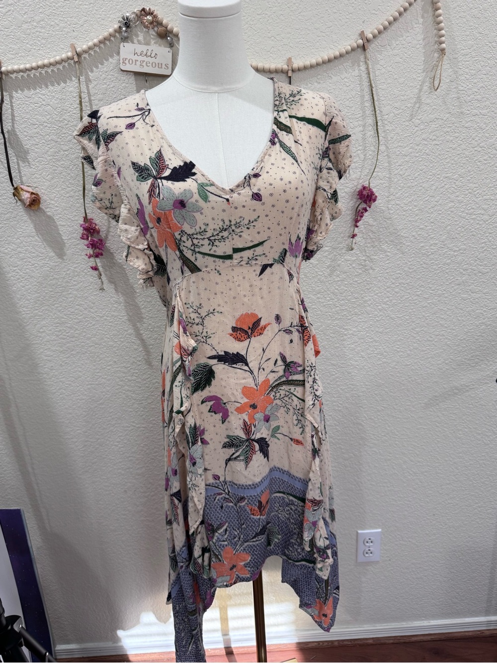 Angie Cream Floral Asymmetrical V-Neck Ruffle Dress